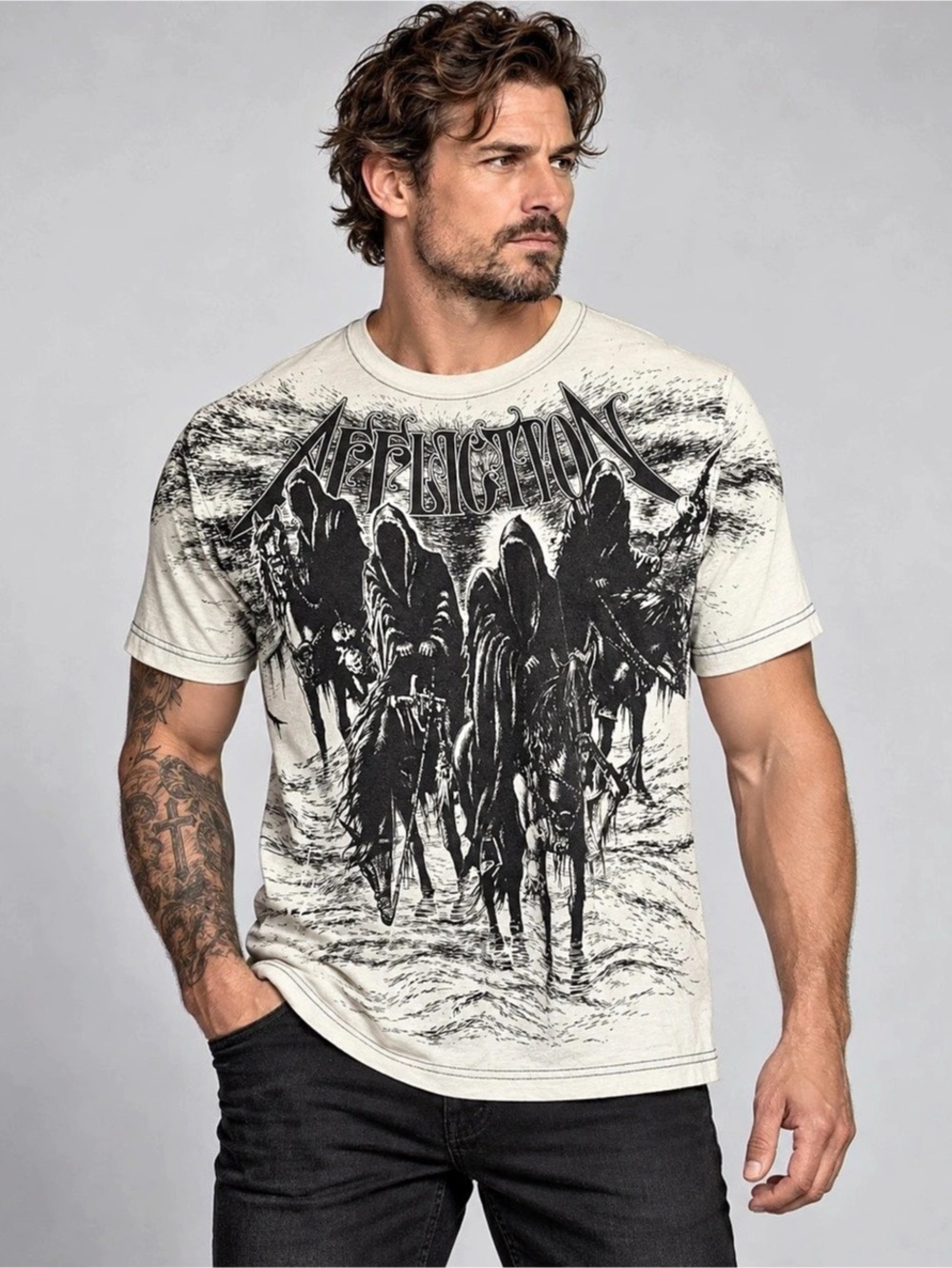 Affliction Riders Tee Graphic Short Sleeve Shirt Cream & Black Large